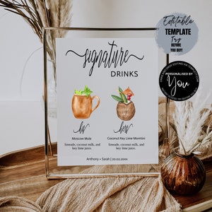 Signature Drinks Sign Template | Signature Cocktail Schild | Minimalistisches Hochzeit Bar Menü Zeichen | His and Hers Bar Zeichen | Bearbeitbare Vorlage