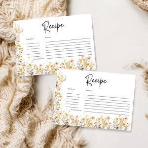 Editable Recipe card template, Recipe card bridal shower, Wildfower Floral Bridal shower template