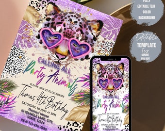Calling All Party Animal Birthday Invitation, Leopard Print, Jungle Theme, Safari Party, Girl Invite, Any Age, Editable Template