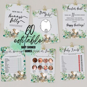 Paquete de juegos editables Greenery Safari Jungle Baby Shower, paquete de juegos Wild One Baby Shower, juegos de baby shower Greenery Safari Animals•SBS1
