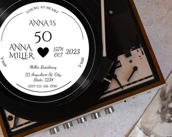 Redigerbar födelsedagsinbjudan för vinylskivor, DIY vintage milstolpe för vinylskivor, modern minimalistisk direkt DIY-inbjudan