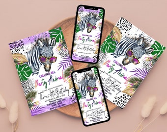 Zebra  Birthday Invitation, Calling All Party Animal Birthday Invitation, Zebra Invite, Leopard Print, Jungle, Safari, Girl Invite, Any Age