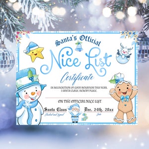 Azul Natal Bela lista certificado Véspera de Natal Box Filler Papai Noel Meninos Meninas Xmas Stocking Fillers Editável para impressão Download