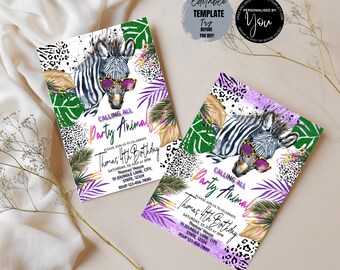 Zebra  Birthday Invitation, Calling All Party Animal Birthday Invitation, Zebra Invite, Leopard Print, Jungle, Safari, Girl Invite, Any Age