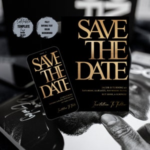 Save the Date Birthday Invitation Template, Black and Gold Save the Date Editable Invitation, 30th 40th 50th 60th 70th 80th 90th