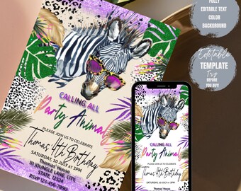 Zebra  Birthday Invitation, Calling All Party Animal Birthday Invitation, Zebra Invite, Leopard Print, Jungle, Safari, Girl Invite, Any Age