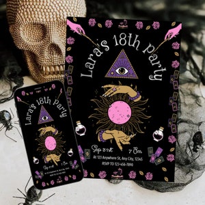 Invitation d&#39;anniversaire sorcière boule de cristal numérique modifiable modèle d&#39;invitation imprimable 5 x 7 anniversaire auto-modifiable, invitation d&#39;hallowen, sorcière
