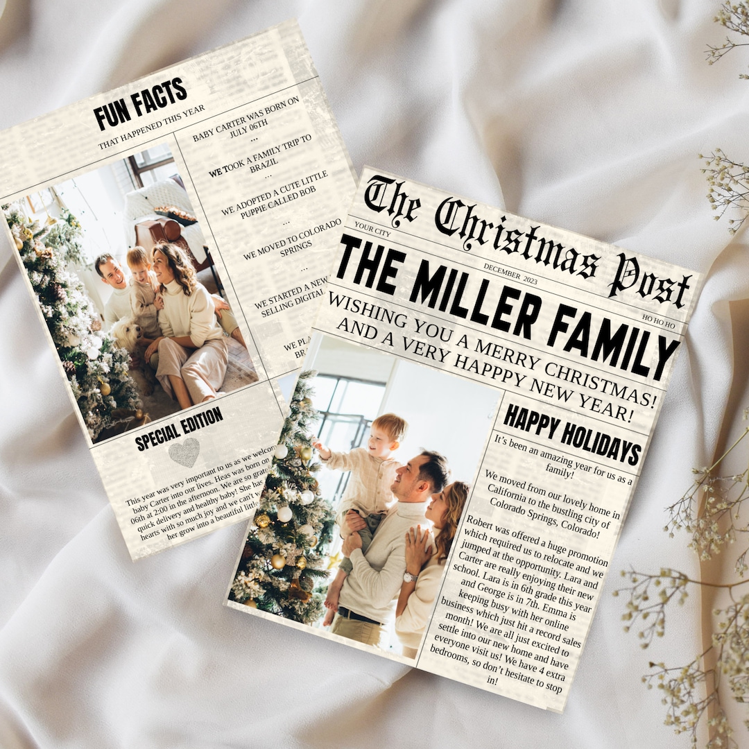 Newspaper Christmas Cards With Photo, Holiday Card Template, Holiday