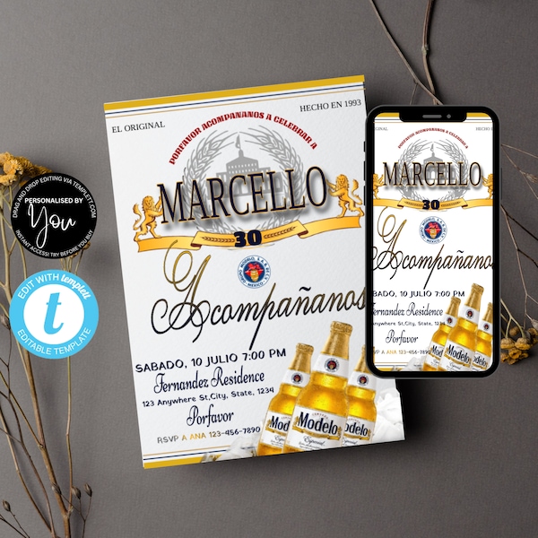 Modelo Beer Invitation Spanish & English, digital download, Modelo Invitation, Personalized invitation, Birthday,Editable Templett, Cerveza