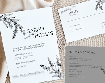 Minimalist Wedding Invitation Template Set, Botanical Floral Wedding Invitation Template Download, Editable Invitation Set Neutral, Floral