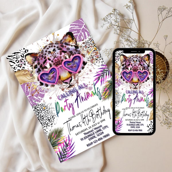 Calling All Party Animal Birthday Invitation, Leopard Print, Jungle Theme, Safari Party, Girl Invite, Any Age, Editable Template