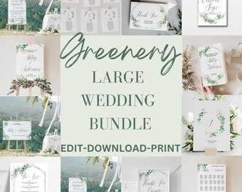 Greenery Wedding Bundle, Editable Wedding Templates, 100% Editable Text, Wedding Signage Bundle, Instant Download, TEMPLETT, • GWT.