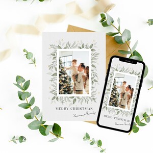 Plantilla de tarjeta navideña con fotografía minimalista moderna, tarjeta de Navidad simple imprimible, tarjeta navideña con imagen familiar editable, descarga instantánea