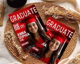 Graduation Invite Magazine Style, Blue DIY Editable Flyer Template, Class of 2025 Graduation Celebration, Premade Event Flyer Design