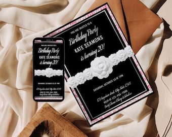 Designer Couture Boucle Birthday Party Invitation Template, Camellia Flower Invitation, Instant Download, Fully Editable Template, Printable