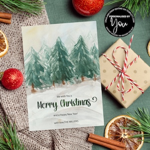Watercolor Snowy Pine Trees, Personalized Seasons Greetings, Christmas Greeting Cards,  Add Your Own Text Christmas Note Card, Business Xmas