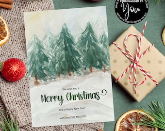 Watercolor Snowy Pine Trees, Personalized Seasons Greetings, Christmas Greeting Cards,  Add Your Own Text Christmas Note Card, Business Xmas