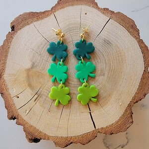 St. Patrick&#39;s Day Earrings Green Ombre Shamrock Clover Leaf 3 Tier Dangle Polymer Clay Hypoallergenic