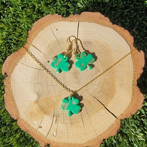 Saint Patrick&#39;s Day Earrings Green Gold Shamrock Clover Leaf Necklace Polymer Clay Hypoallergenic Matching Earrings and Lucky Necklace