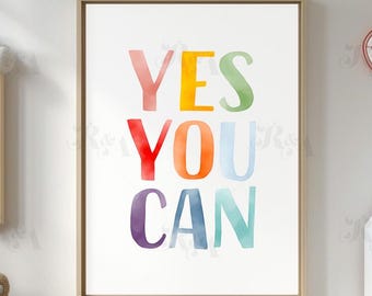 Download digitale – Stampa murale motivazionale &quot;Yes You Can&quot;, citazione ispiratrice, tipografia ad acquerello, aula, asilo nido, regalo per la casa