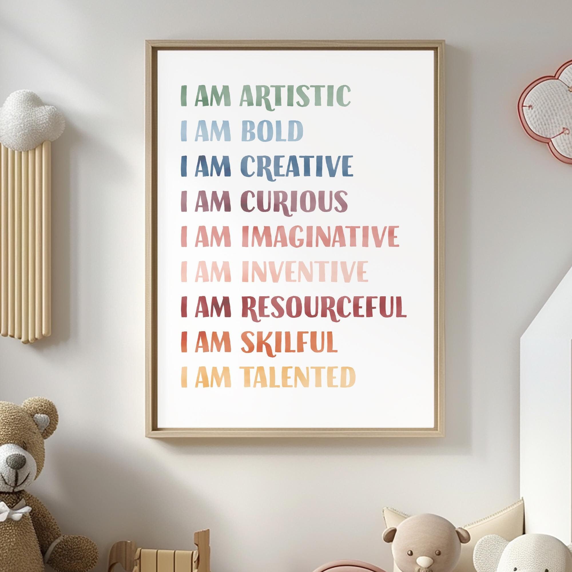Affermazioni per bambini n. 4, Poster per la classe, Poster per la sala giochi, Poster con affermazioni, Decorazioni per la scuola domestica, Affermazioni "Io sono", Gentile, Intelligente, Amato