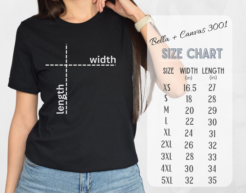 Pu&ograve; includere: Tabella delle taglie per le t-shirt Bella + Canvas 3001, che mostra le misure di larghezza e lunghezza in pollici per le taglie XS a 5XL.