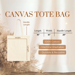 Op de afbeelding: Een cr&egrave;mekleurige canvas draagtas met de tekst "CANVAS TOTE BAG". De tas is 40.6 cm lang, 38.1 cm breed en heeft een handvat van 50.8 cm. Kenmerken zijn 100% katoen, machinewasbaar en duurzaam en herbruikbaar.