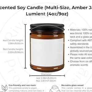 Vela perfumada de soja âmbar em jarra, tabela de tamanhos de 4 onças e 9 onças, principais características, descrições de aromas de velas, ferramenta de listagem de vendedores do Etsy, tabela de tamanhos do Printify