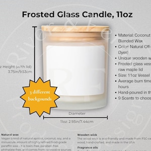 Vela de cera de soja com aroma de coco, tabela de tamanhos de 11 onças, principais recursos, informações sobre aroma de vela, ferramenta de listagem de vendedores da Etsy, tabela de tamanhos de mockup para Printify