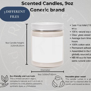 Tabela de tamanhos de velas de soja perfumadas de 9 oz, guia de tamanhos para velas Printify para vendedores do Etsy, principais características e aromas das velas, tabela de tamanhos de velas de 9 oz.