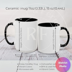 Zweifarbige Becher Mockup Größentabelle, 11 Unzen & 15 Unzen Keramikbecher Vergleich Mockup | Printify Größentabelle für | Tassengrößenvergleich für POD Shops