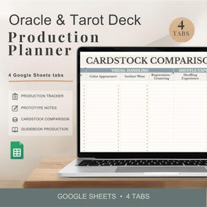 May include: A laptop displaying a spreadsheet titled "Cardstock Comparison" for an Oracle & Tarot Deck Production Planner. The screen shows columns for visual handling and shuffle experience. The image also includes icons for production tracking, prototype notes, and guidebook production.