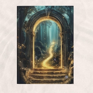 Può includere: Una copertina di diario a tema fantasy con un ingresso ad arco che conduce a un sentiero luminoso attraverso una foresta. L'opera d'arte ha una qualità mistica ed eterea con una calda luce dorata e toni blu freddi.