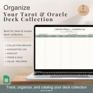 May include: A laptop displays a digital tarot and oracle deck collection organizer. The screen shows a spreadsheet with sections for purchase details and pricing breakdown. Text on the screen reads "Collection History - Acquisition Log". The image includes the text "Organize Your Tarot & Oracle Deck Collection".
