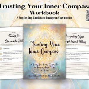 Puede incluir: Un libro de trabajo titulado "Trusting Your Inner Compass" con una lista de verificación paso a paso para fortalecer la intuición. La portada presenta un diseño de mandala colorido sobre un fondo azul claro.