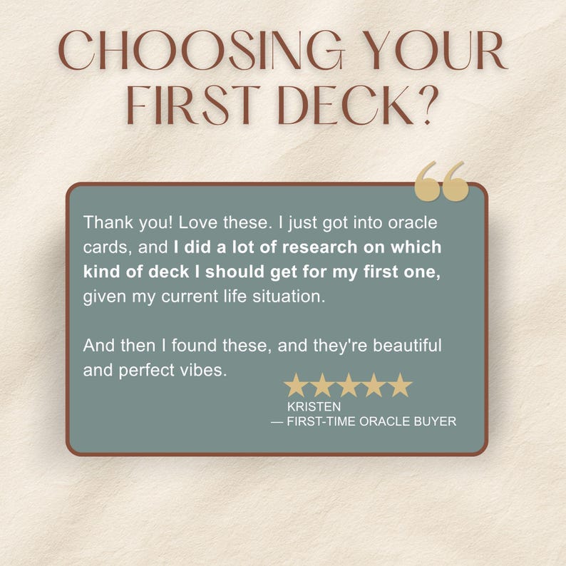 Five star customer review of Nature & Intuition Oracle Deck praising card quality and guidebook