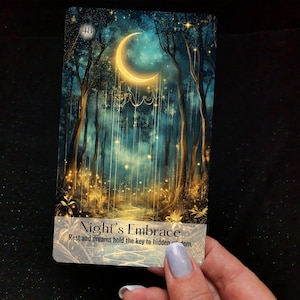 Night's Embrace oracle card with crescent moon in dark atmospheric forest setting