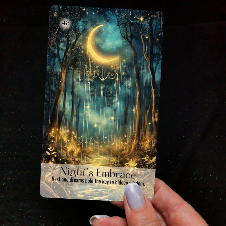 Night's Embrace oracle card with crescent moon in dark atmospheric forest setting