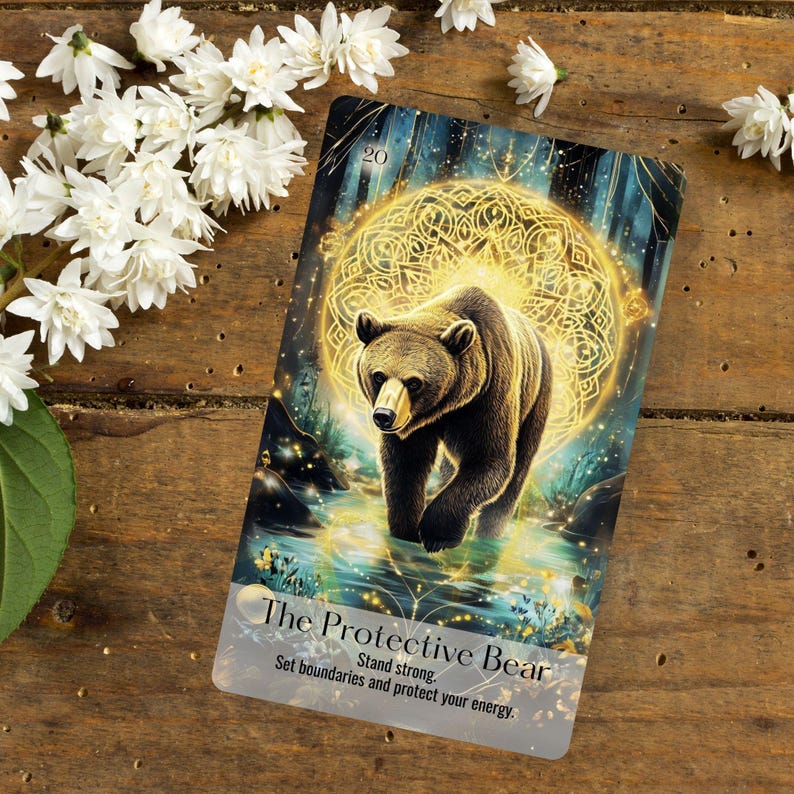 Protective Bear oracle card in natural outdoor setting with warm golden tones