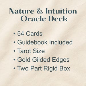 Oracle deck contents showing 54 cards, guidebook, tarot size, gold edges, and rigid box included