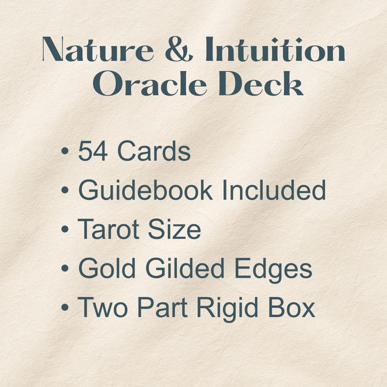 Oracle deck contents showing 54 cards, guidebook, tarot size, gold edges, and rigid box included