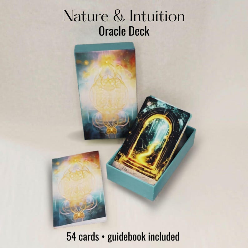 Nature & Intuition Oracle Deck with box, cards, and guidebook on a clean background, 54-card tarot-size deck