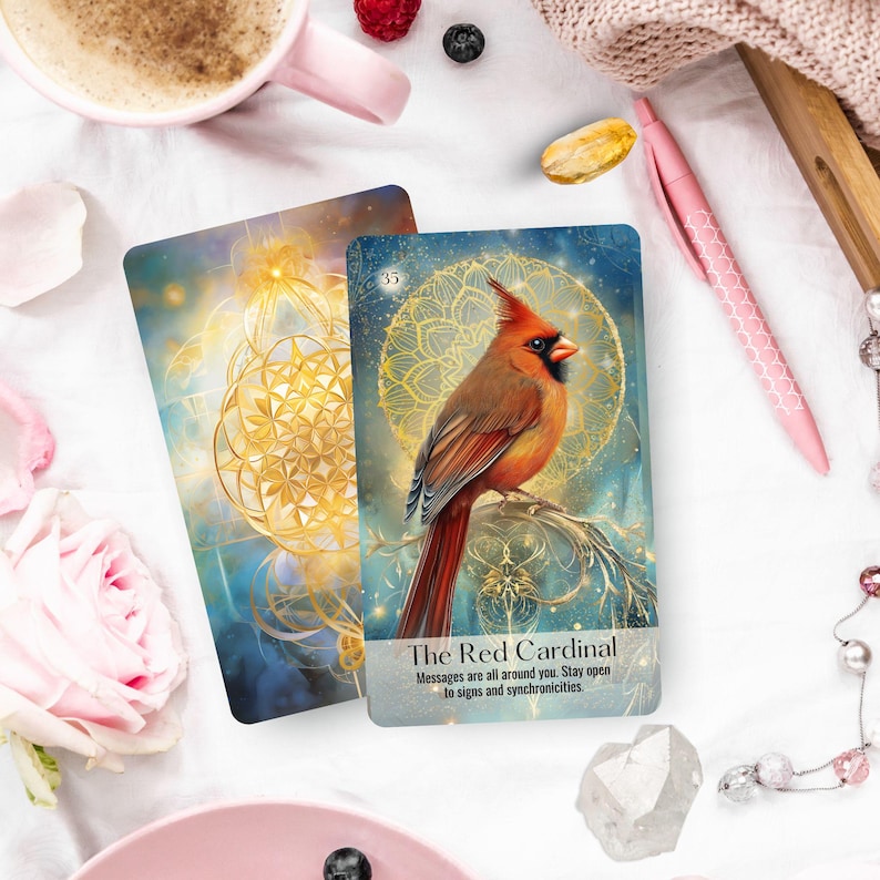 Red Cardinal oracle card displayed with pink flowers and crystals on marble surface