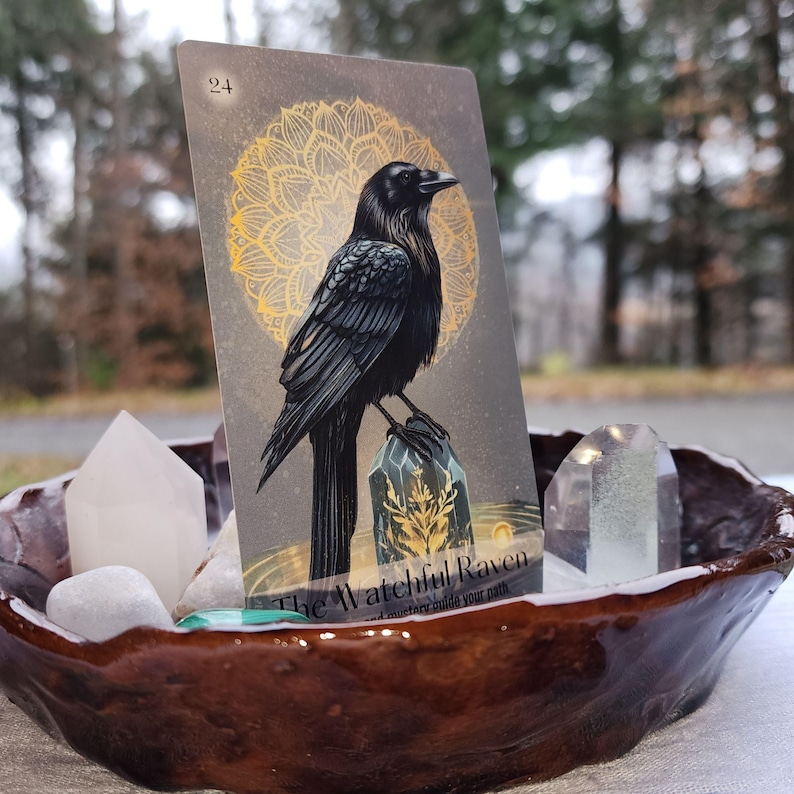 Nature & Intuition Oracle card displayed in a handmade clay bowl with crystals in an outdoor Vermont setting