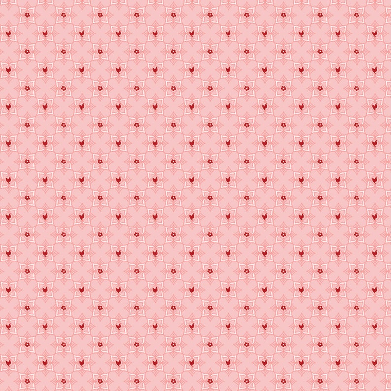 Puede incluir: Un fondo rosa con un patr&oacute;n repetitivo de flores estilizadas blancas y rojas. Las flores est&aacute;n dispuestas en forma de diamante.