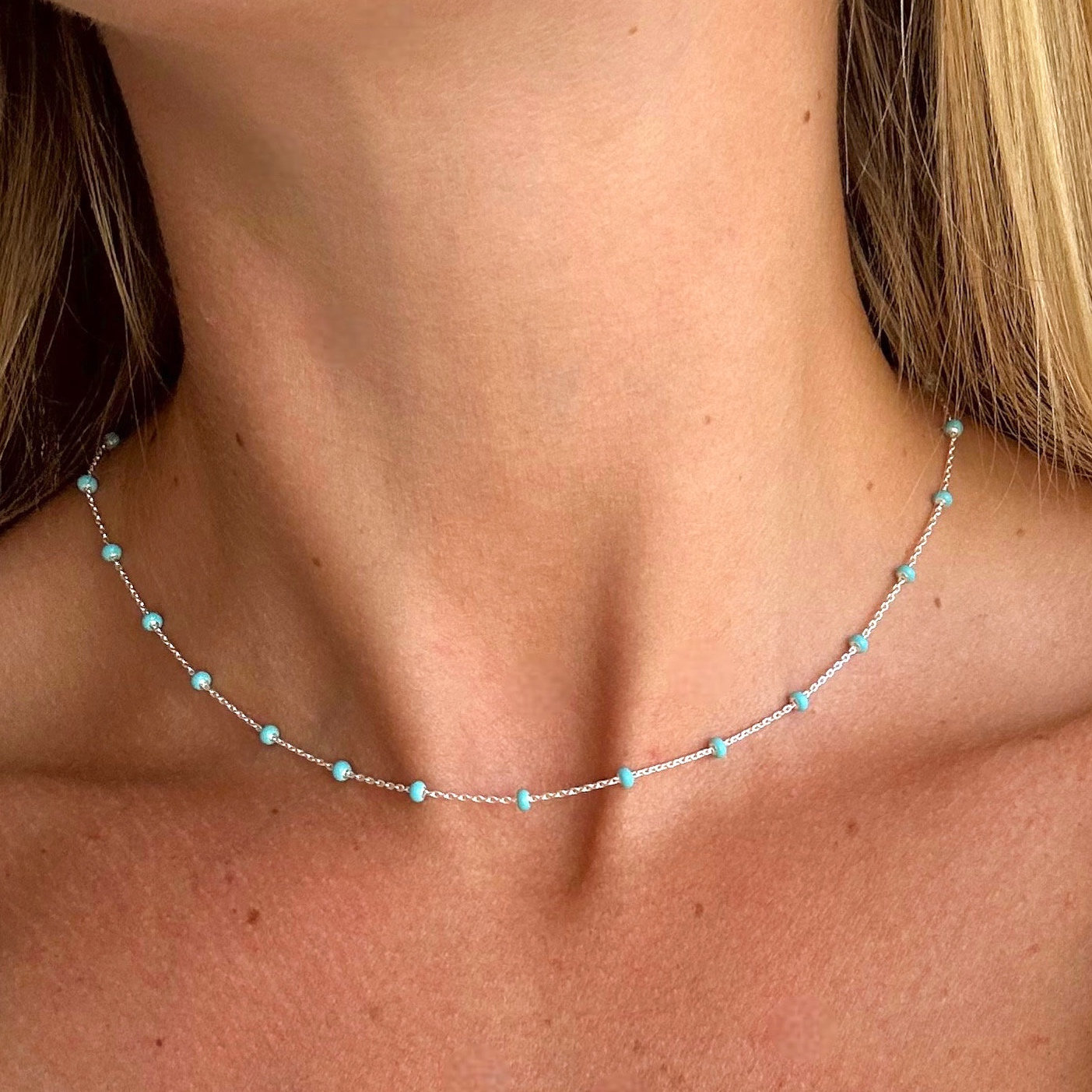 Turquoise bead necklace. 925 Sterling silver. Satellite chain. Boho jewellery. Dainty. Summer jewellery. Gifts for her. Elegant