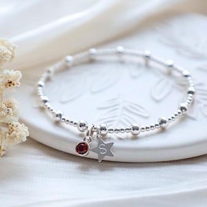 birthstone with star inital charm bracelet. initial bracelet. beaded bracelets. 925 Sterling silver. birthday Peronsalised gifts for her.