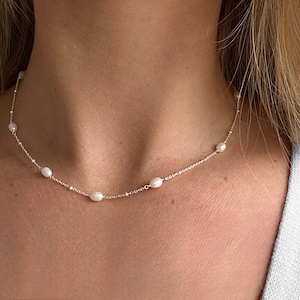 Freshwater pearl necklace. 925 Sterling silver. Satellite chain. Minimalist. Dainty necklace. Gifts for her. Bridal jewellery.