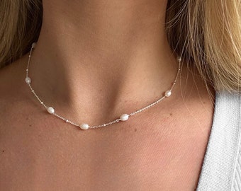 Freshwater pearl necklace. 925 Sterling silver. Satellite chain. Minimalist. Dainty necklace. Gifts for her. Bridal jewellery.