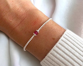 Pink ruby bracelet. July birthstone. 925 Sterling silver. Beaded jewellery. Bracelet stacks. Birthday gifts. Gifts for her. Dainty.